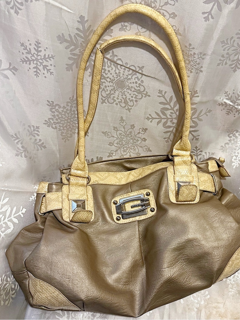 ZECAC Women’s Two-Tone Taupe fake snake skin and Cream Tote Bag